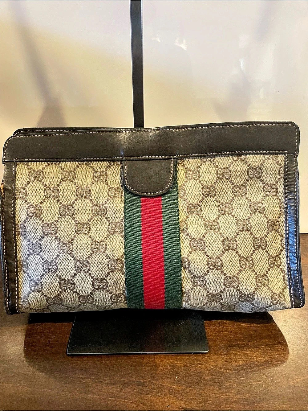 Gucci GG Monogram Web Stripe Clutch Brown